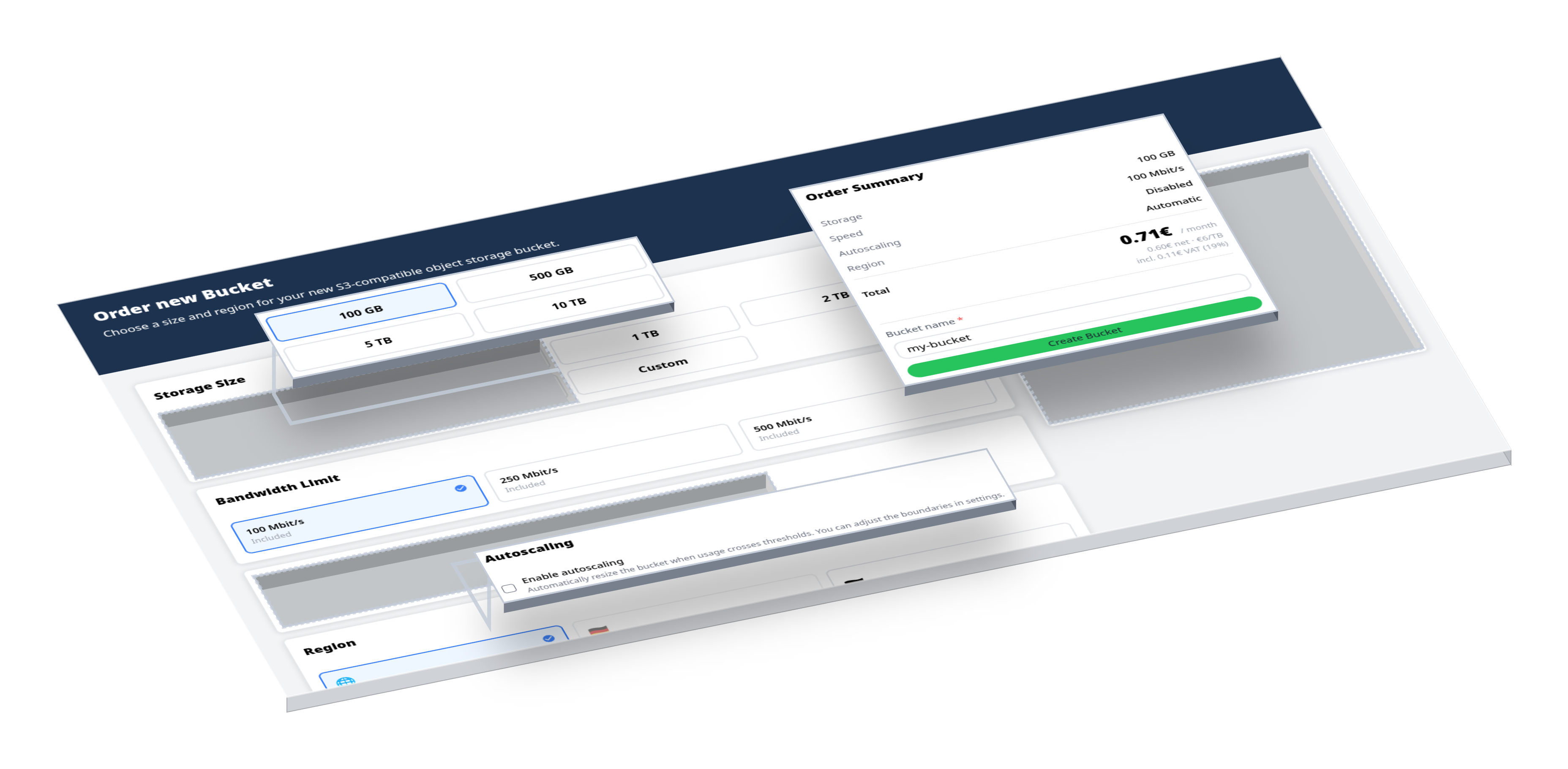 Bucket overview showing S3-compatible object storage in the dashboard