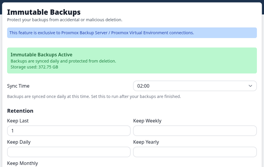 Immutable backups settings showing read-only backup protection